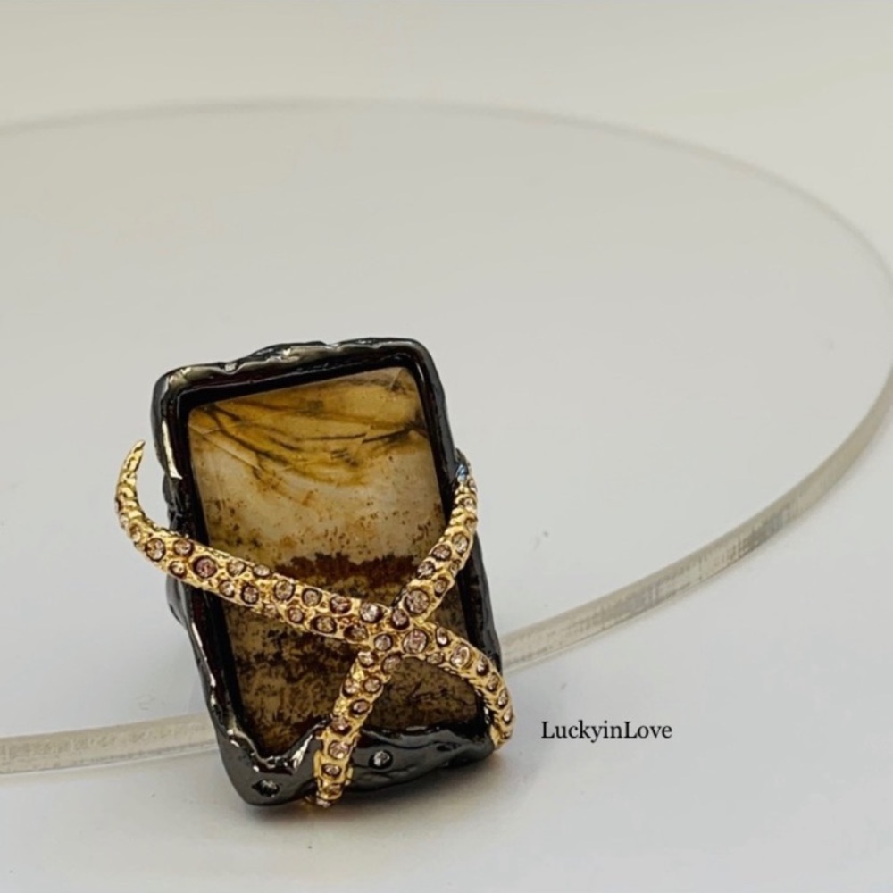 ALEXIS BITTAR • NEW Elements Gunmetal Gold Picture Jasper Crystal Orbiting Ring - Picture 6 of 11